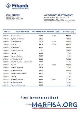 Realistic Bulgaria Fibank First Investment bank statement word template